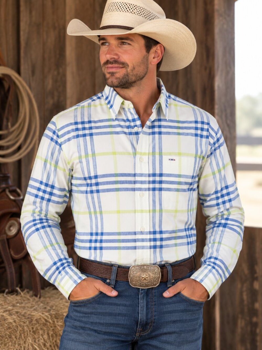 Larro Men’s Blue Green Plaid Button Down Shirt L 100% Cotton Casual